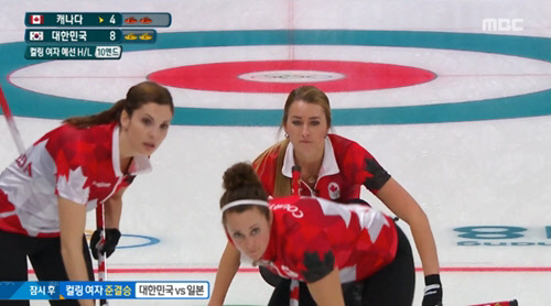 캐나다(스킵 제니퍼 존스)는 26일(한국시간) 캐나다 온타리오 주 노스베이에서 열린 2018 세계여자컬링선수권대회에서 스웨덴을 꺾고 금메달을 목에 걸었다. <MBC 2018 평창 올림픽 여자컬링 예선 경기 방송 캡처>